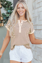 Striped Half Buttons Round Neck T Shirt