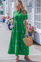 Floral Print Split Neck Shirred High Waist Ruffle Hem Maxi Dress
