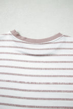 Khaki Stripe Color Block Trim Round Neck Short Sleeve Top