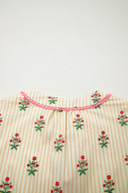 Apricot Striped Floral Print Contrast Detail Ruffle Hem Short Dress