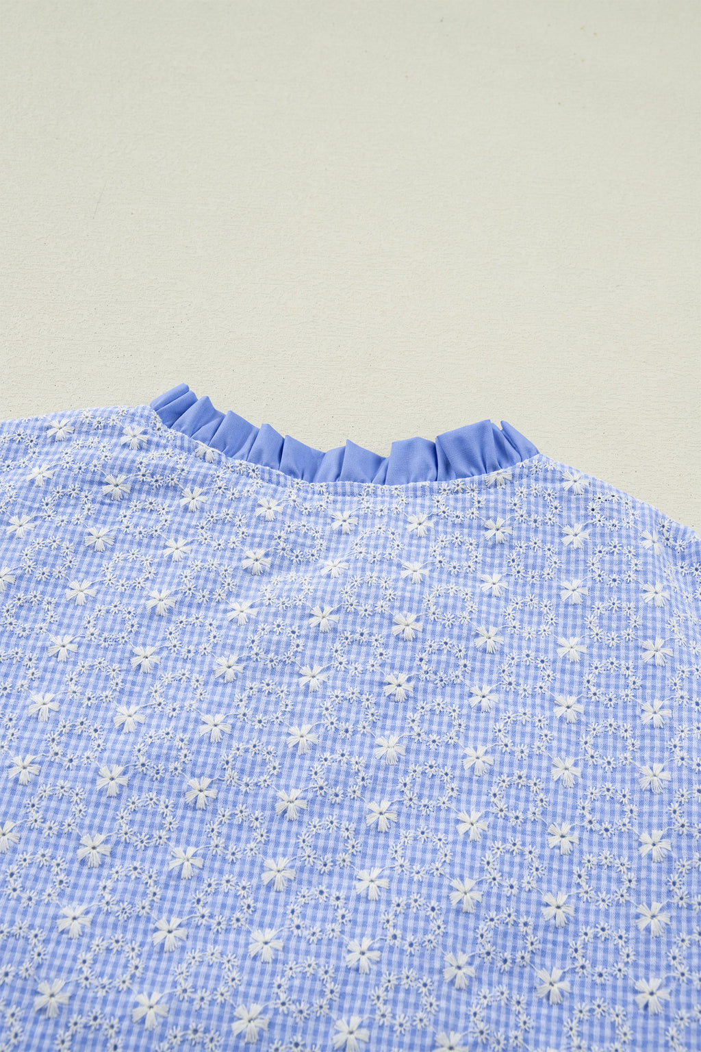 Eyelet Embroidered Flower Texture Contrast Lace Trim Flutter Sleeve Blouse