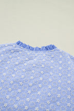 Eyelet Embroidered Flower Texture Contrast Lace Trim Flutter Sleeve Blouse