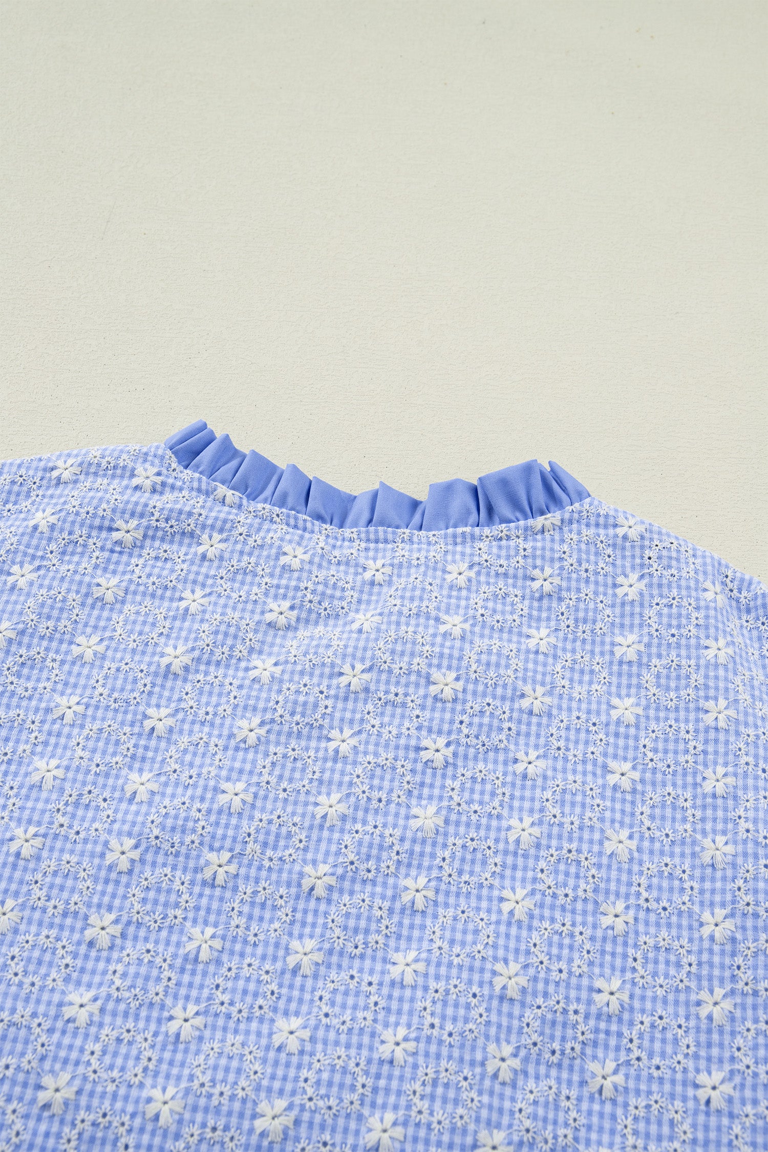 Eyelet Embroidered Flower Texture Contrast Lace Trim Flutter Sleeve Blouse