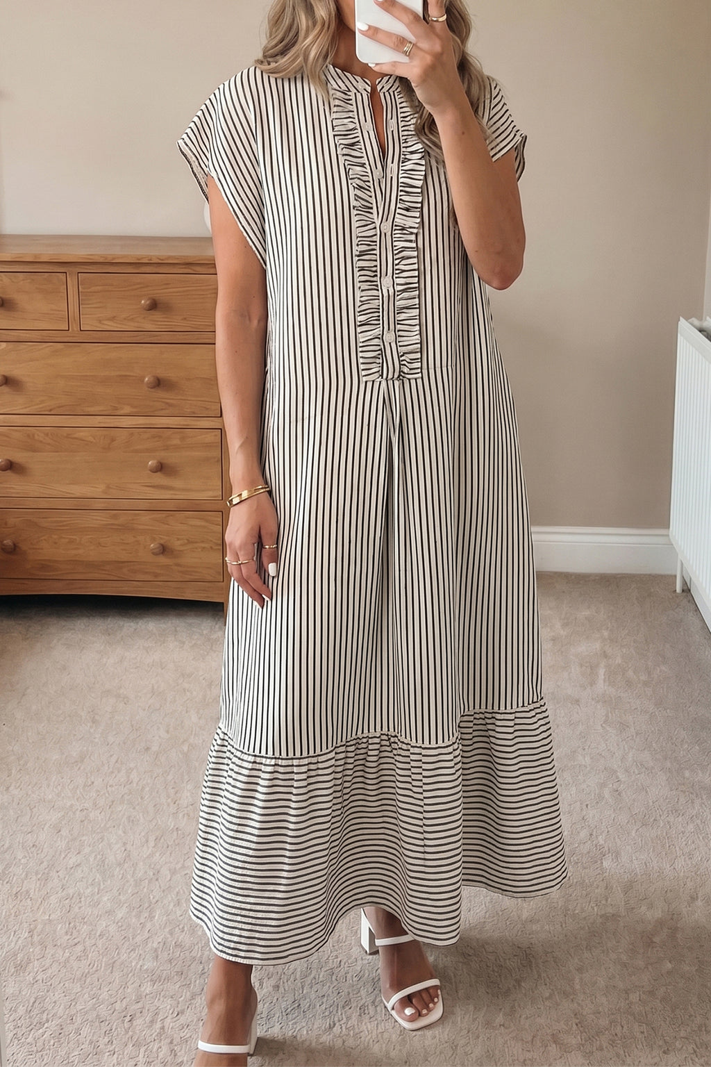 Striped Frilled Detail Half Buttons Short Sleeve Long Dress