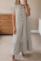 Striped Frilled Detail Half Buttons Short Sleeve Long Dress