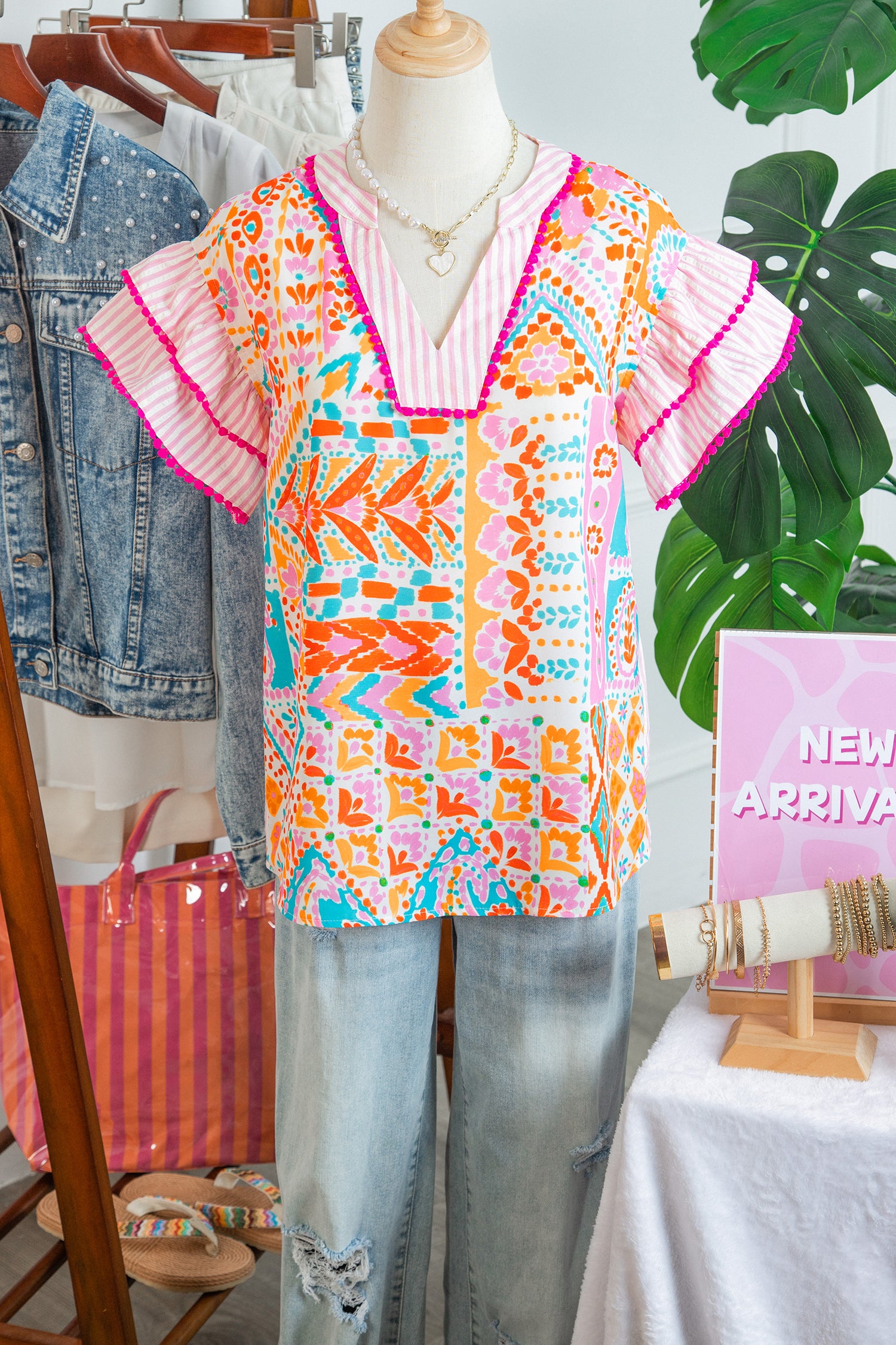 Rose Boho Mixed Print Contrast Trim Striped Patchwork Tiered Short Sleeve Blouse