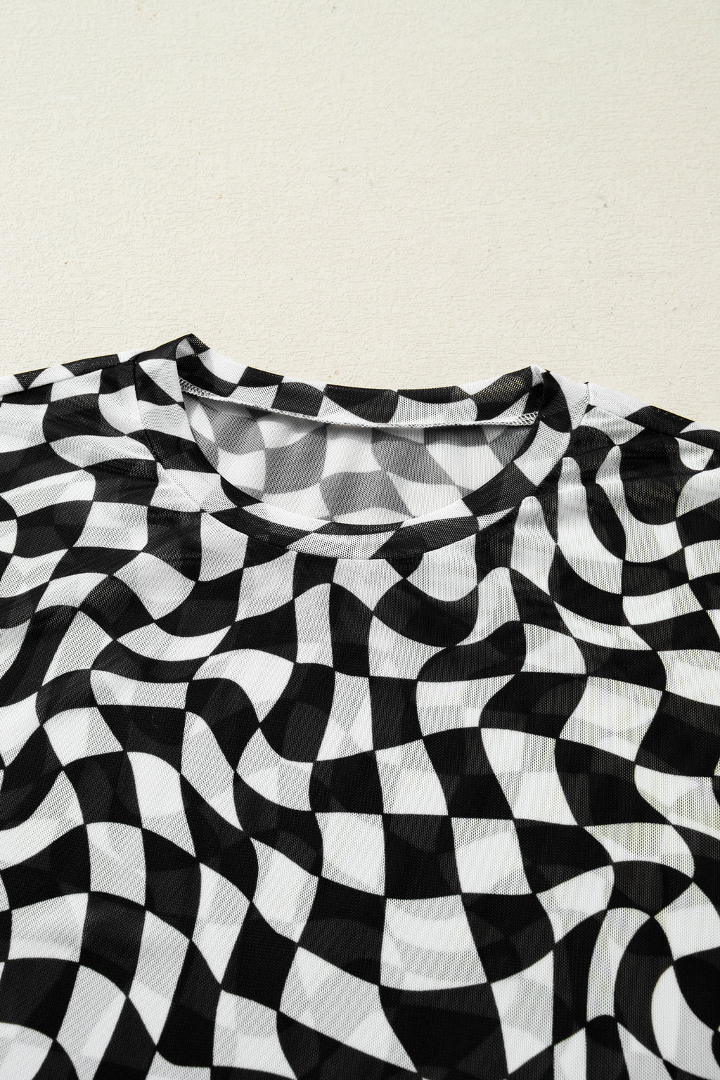 Black Checkered Print Mock Neck Mesh T Shirt