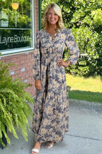 Brown Floral Print Smocked High Waist Long Sleeve Maxi Dress