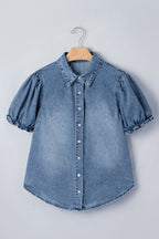 Beau Blue Frilled Short Sleeve Snap Button Denim Shirt