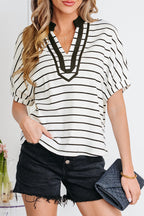 Stripe Stand Collar V Neck Elastic Cuffs Half Sleeve Dolman Top
