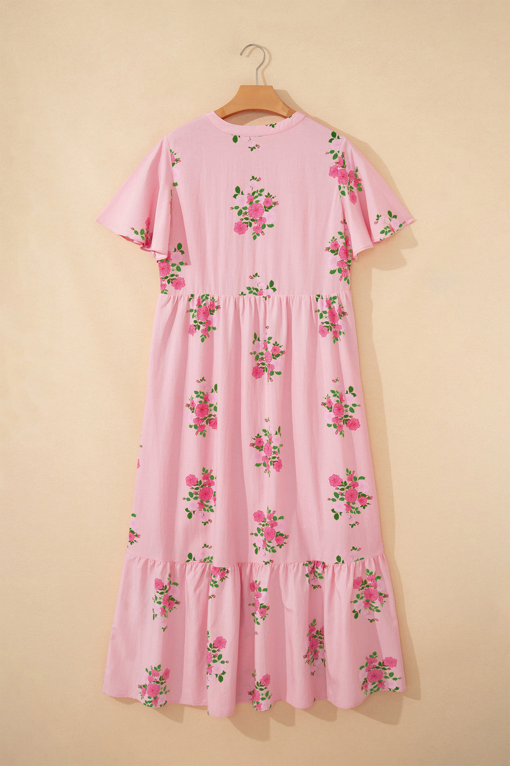 Notched Neck Flutter Short Sleeve Floral Print Maxi Dress