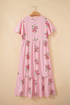 Notched Neck Flutter Short Sleeve Floral Print Maxi Dress