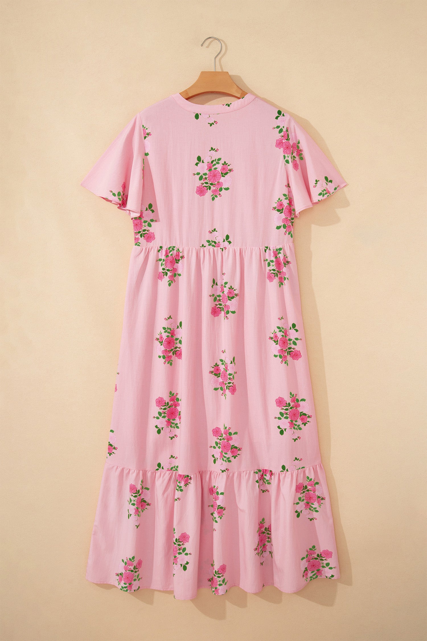 Notched Neck Flutter Short Sleeve Floral Print Maxi Dress