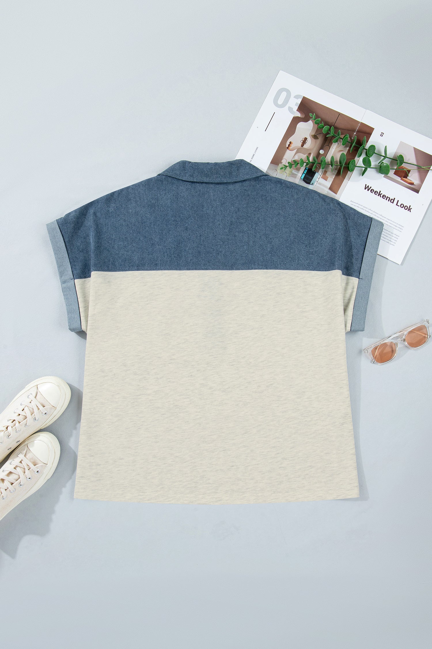 Light Grey Half Buttons Collared Denim Patchwork Plus Size Short Sleeve Top