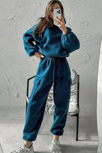 Peacock Blue Cozy Hooded Sweatshirt Drawstring Elastic Waistband Cargo Pant Set