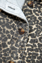 Grey Vintage Leopard Print Short Sleeve Loose Cotton Denim Shirt