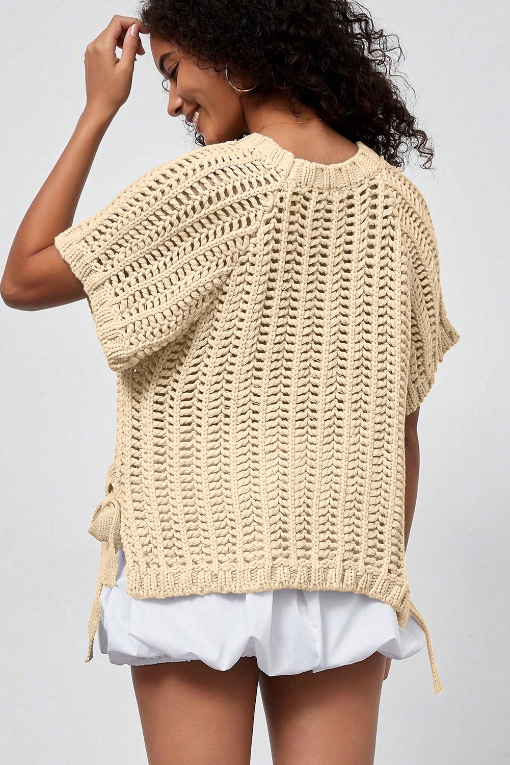 Plus Size Open Knit Bow Tie Short Sleeve Sweater