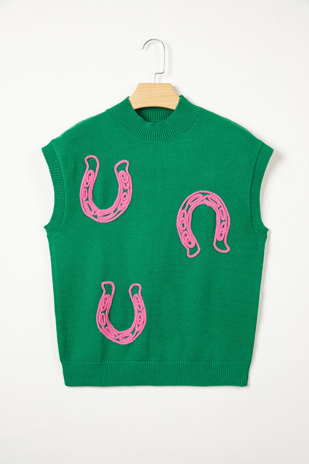Corded Horseshoes Ribbed Trim Mock Neck Short Sleeve Sweater