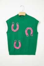 Corded Horseshoes Ribbed Trim Mock Neck Short Sleeve Sweater