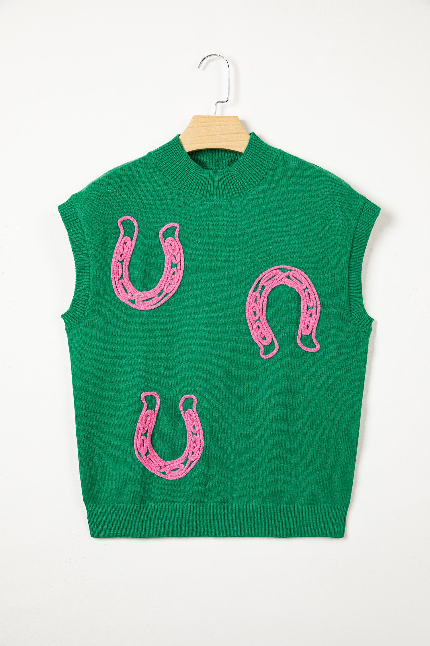 Corded Horseshoes Ribbed Trim Mock Neck Short Sleeve Sweater