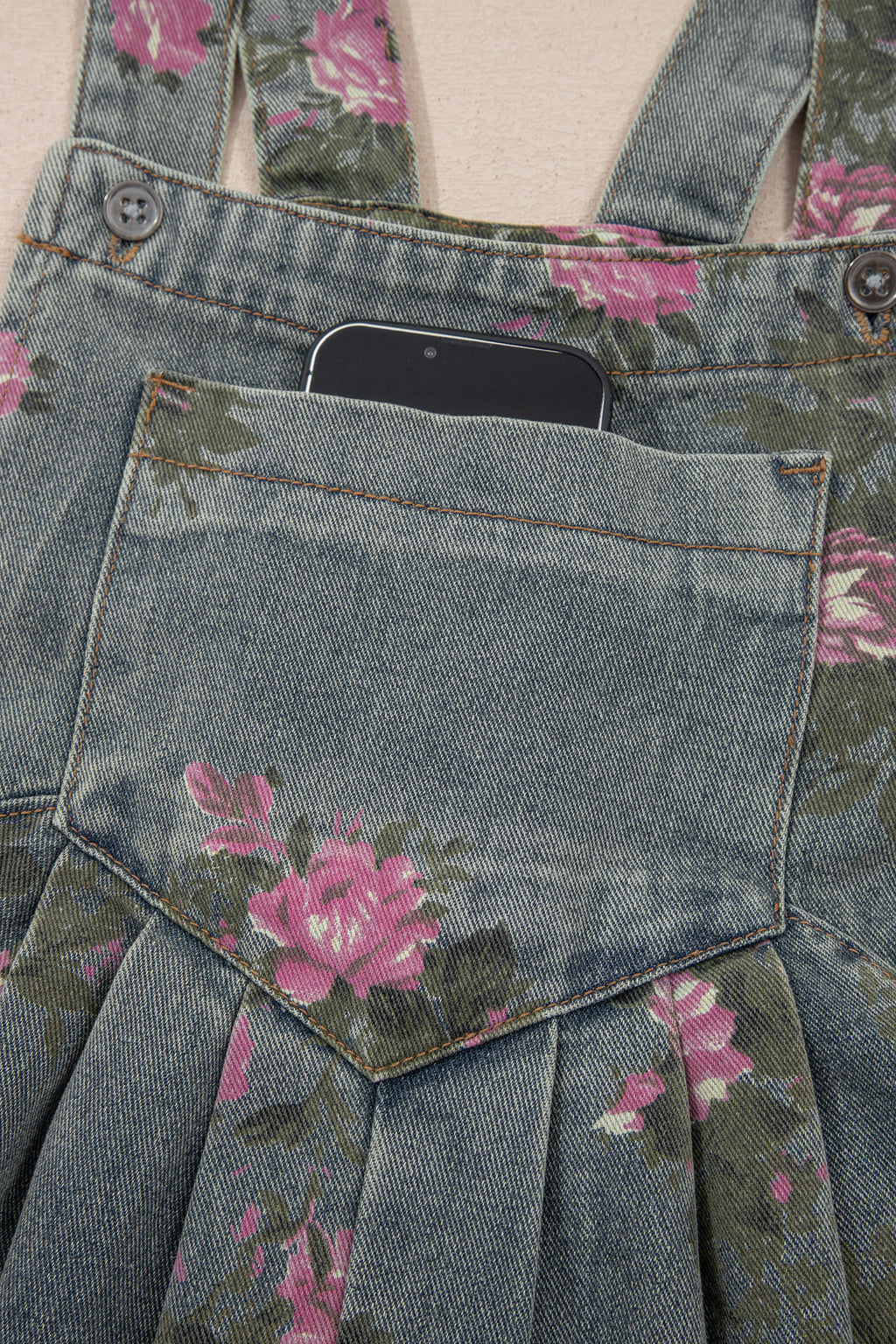 Floral Print Pleated High Waist Wide Leg Denim Jumpsuit