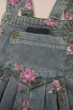 Floral Print Pleated High Waist Wide Leg Denim Jumpsuit