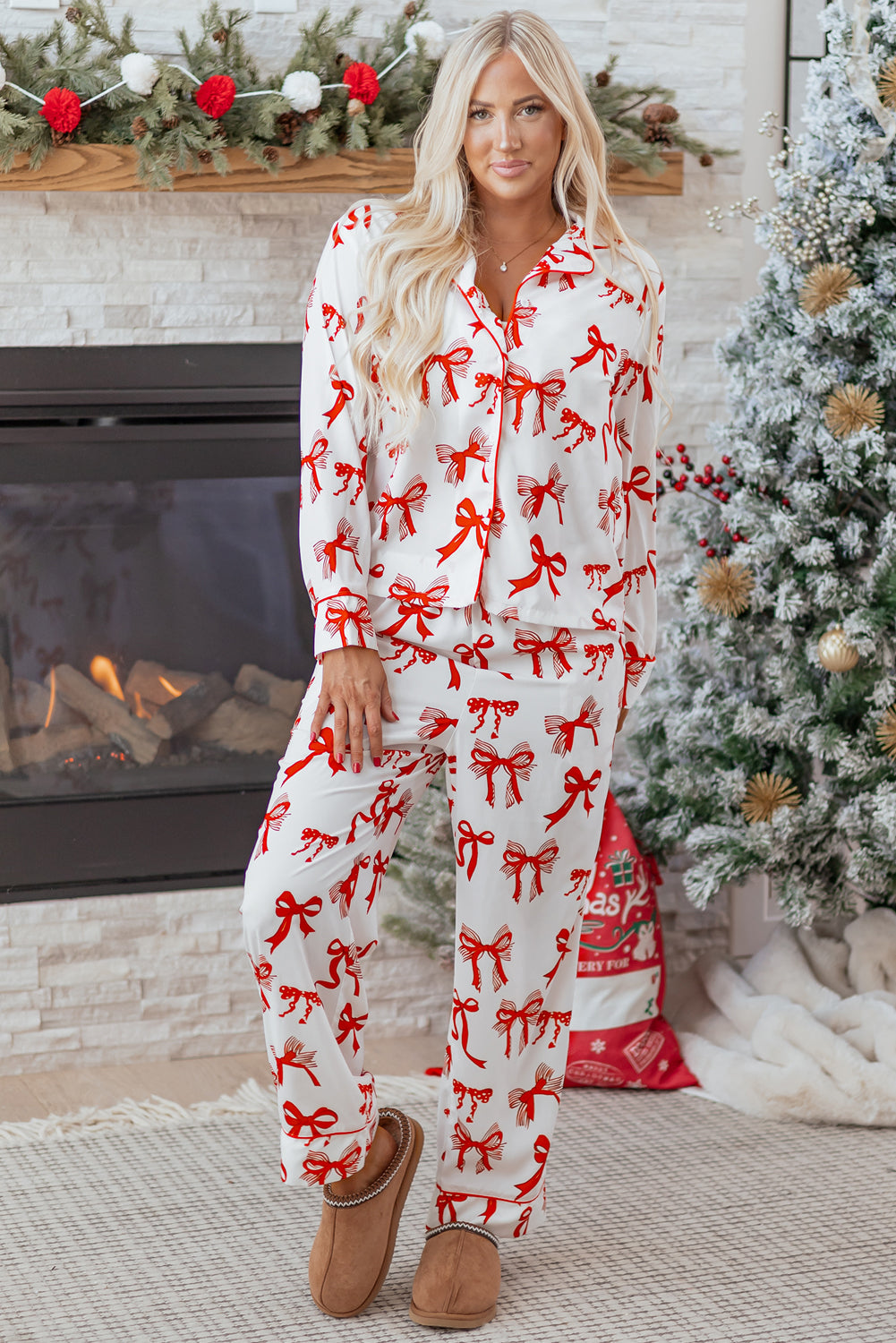 Red Christmas Bow Print Long 2pcs Pyjama Set