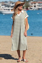 Green Stripe Collared V Neck Short Sleeve T Shirt Midi Dress with Pockets