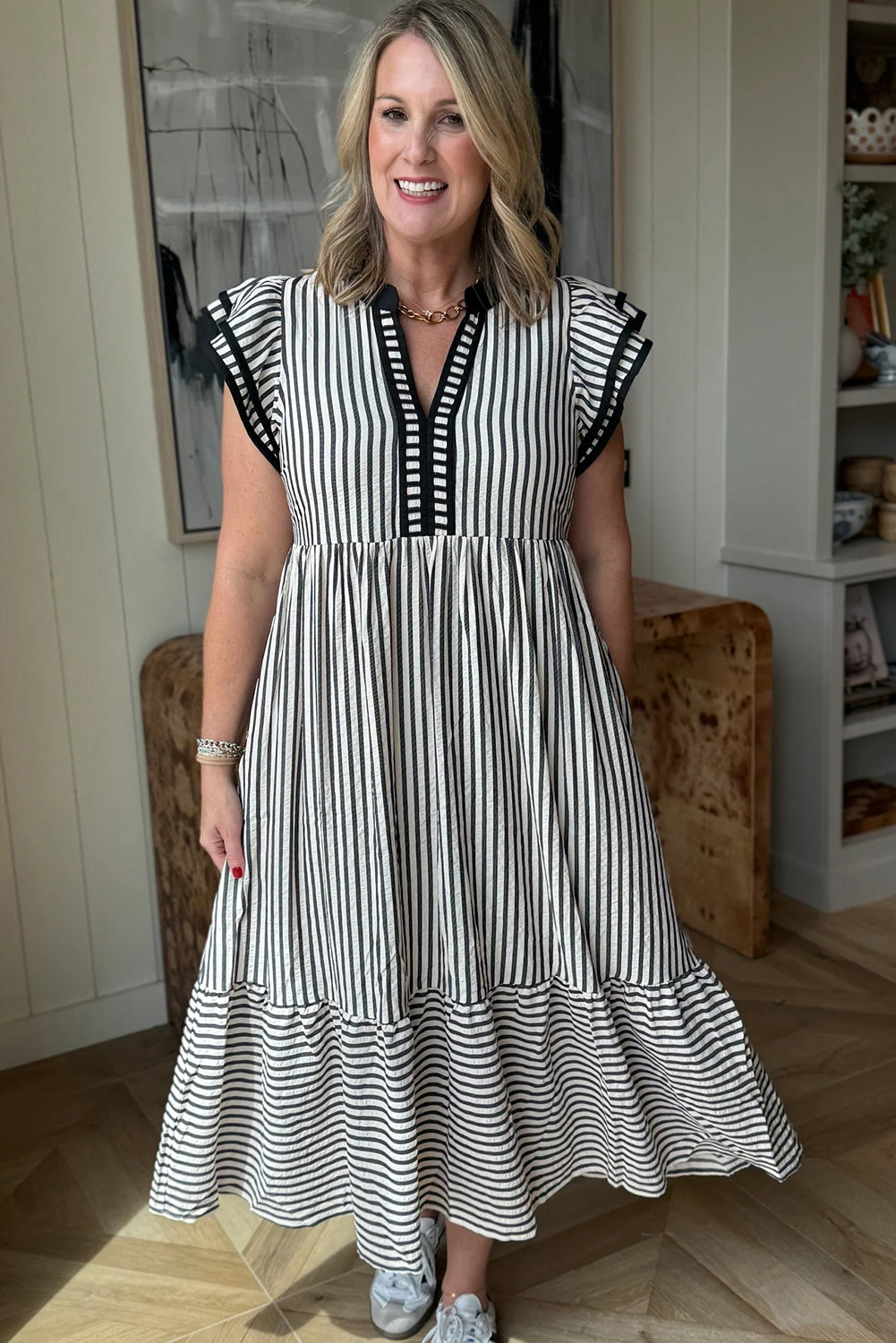 Striped Double Ruffled Short Sleeve Contrast Trim V Neck Midi Dress