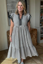 Striped Double Ruffled Short Sleeve Contrast Trim V Neck Midi Dress