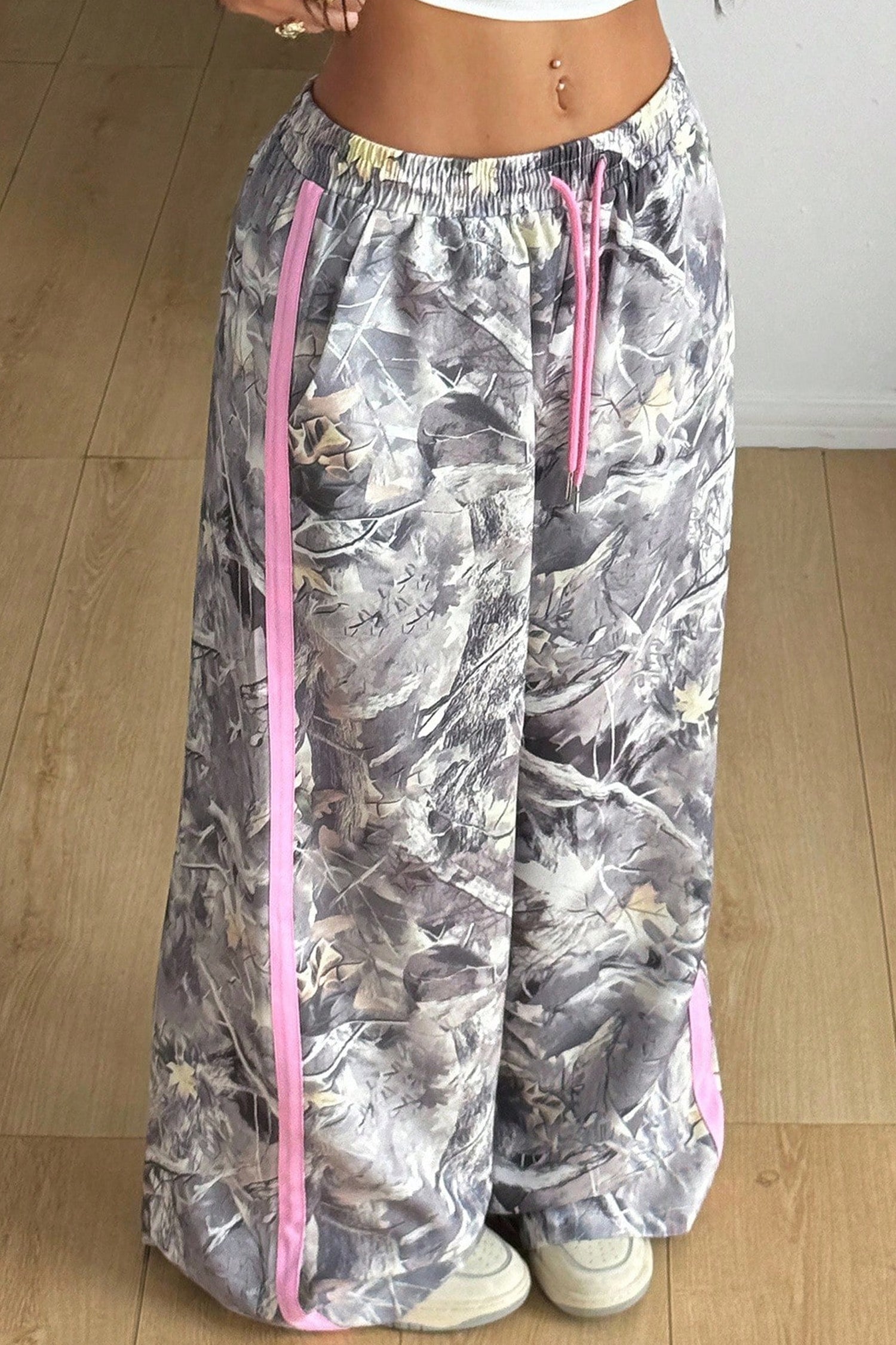 Grey Camo Woodland Print Colour Block Detail Drawstring Wide Leg Sweatpants