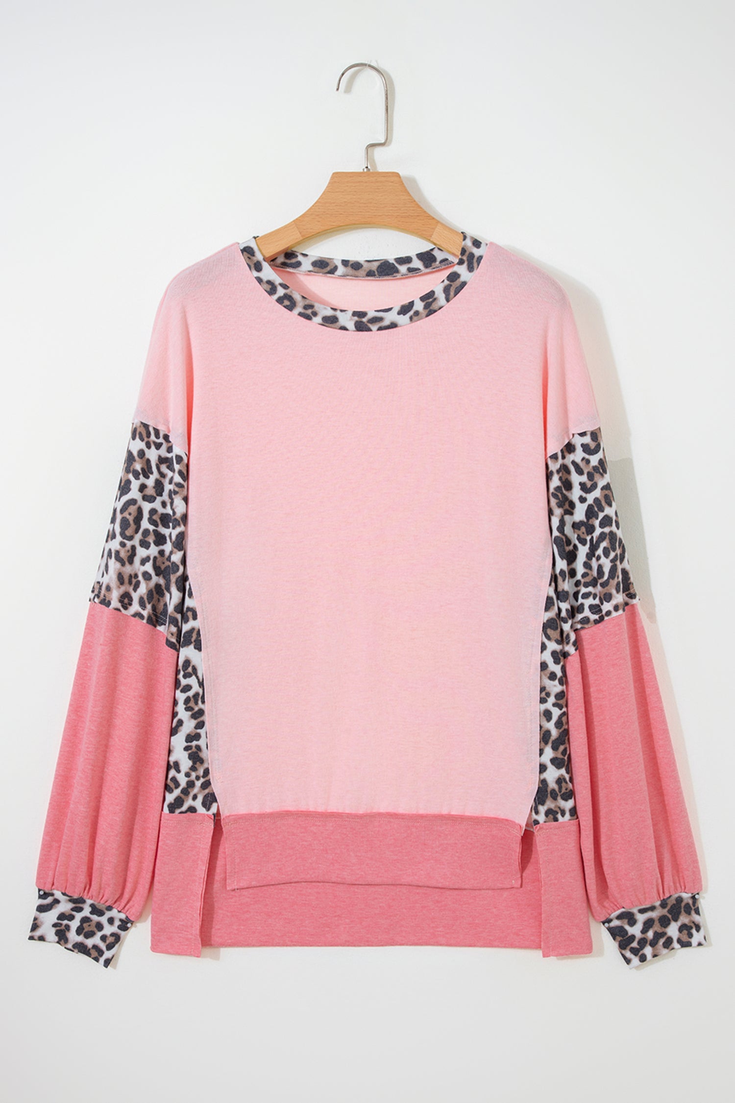 Color Block Leopard Patchwork Dolman Sleeve High Low Baggy Sweatshirt