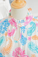 Multicolour Vibrant Paisley Printed Button Keyhole Puff Sleeve Blouse