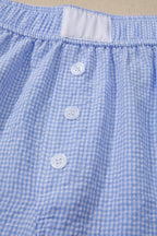 Sky Blue Gingham Plaid Button Detail Lace Trim Boxer Shorts