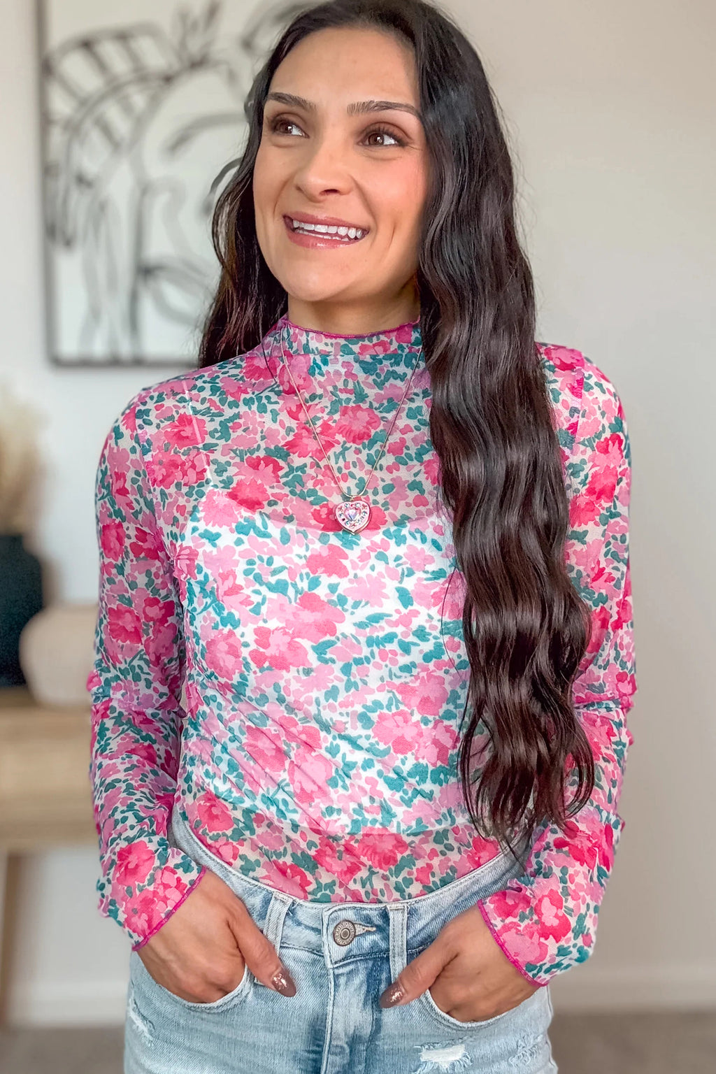 Slim Fit Floral Mesh Long Sleeve Mock Neck Top