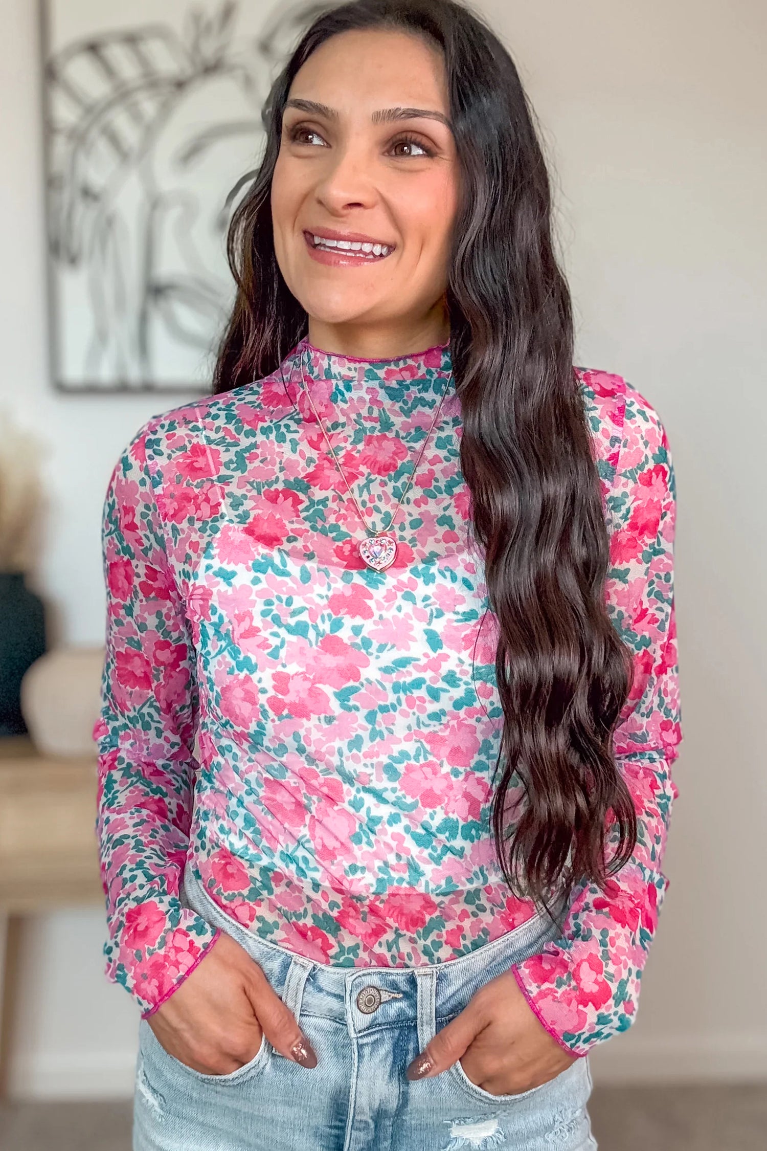 Slim Fit Floral Mesh Long Sleeve Mock Neck Top