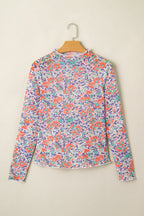 Blue Slim Fit Floral Mesh Long Sleeve Mock Neck Top