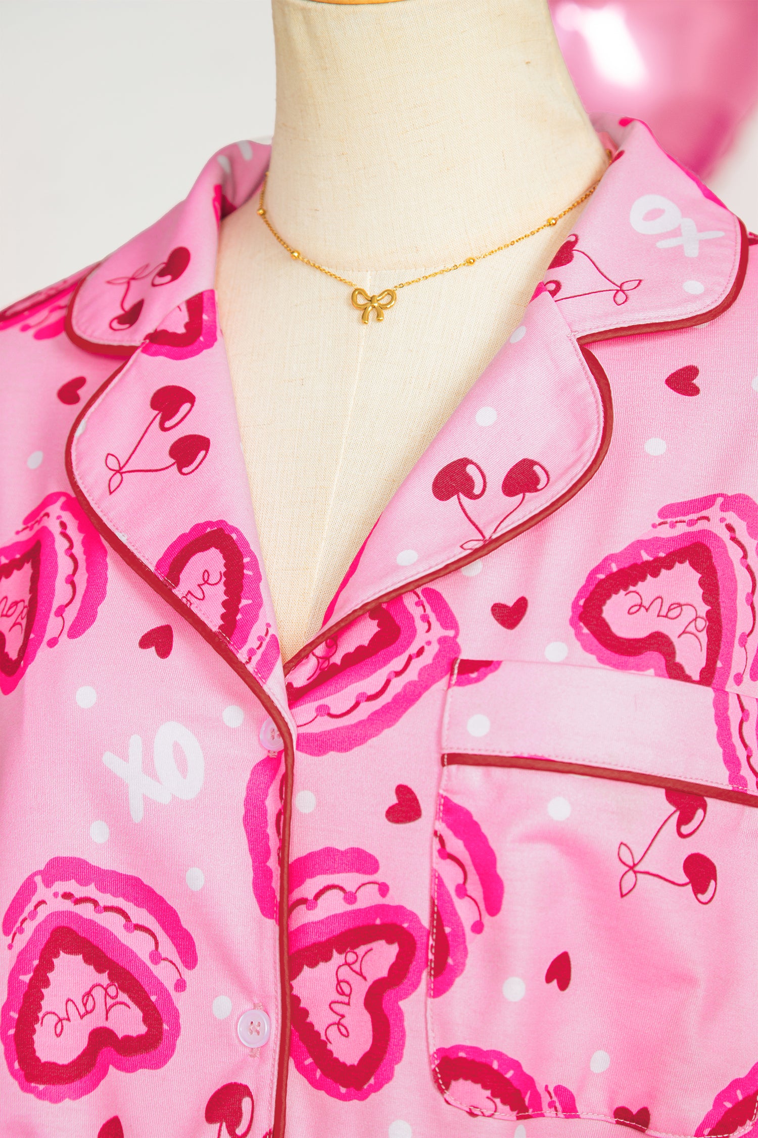 Pink Sweet Heart Cake Print Contrast Ruffle Trim Valentines 2pcs Pyjama Set
