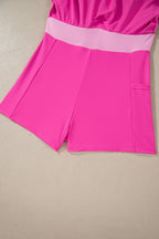 Rose Red Contrast Trim Neckline Active Shorts Attached One Piece Swim Dress