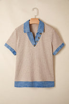 Beige Ribbed Knit Denim Color Block Patchwork Button Detail Collared Blouse