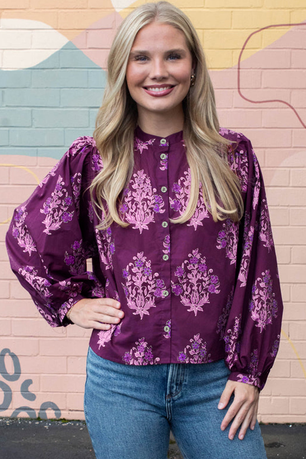 Purple Floral Print Button Front Long Sleeve Round Neck Casual Shift Top