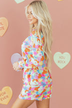 Pink Valentines Candy Heart V Neck Collared Tunic Shirt and Shorts 2pcs Pyjama Set