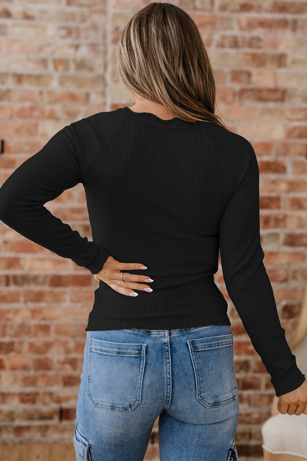 Lace Neckline Button Decor Lettuce Edge Long Sleeve Ribbed Top