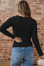 Lace Neckline Button Decor Lettuce Edge Long Sleeve Ribbed Top