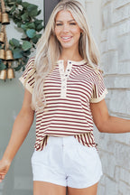 Striped Half Buttons Round Neck T Shirt