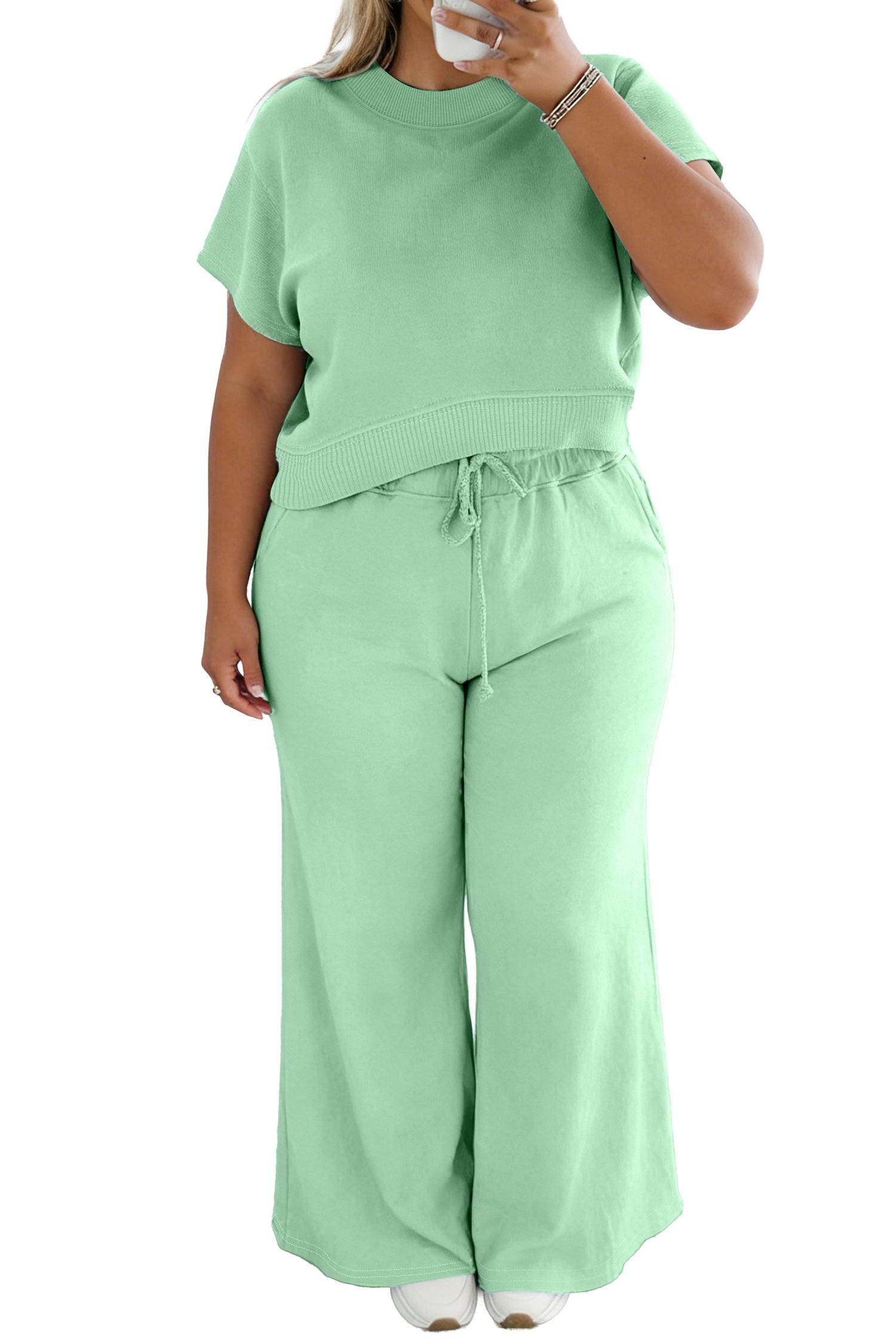 Solid Colour Ribbed Trim Short Sleeve Top Drawstring Loose Pants 2pcs Outfit