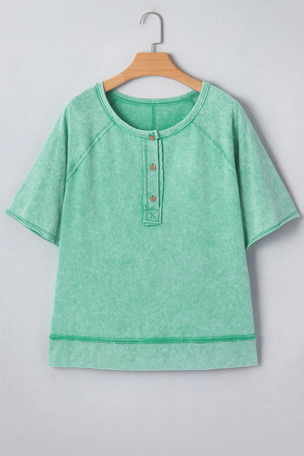 Mint Green Half Buttons Raw Seam Raglan Sleeve Mineral Wash T Shirt