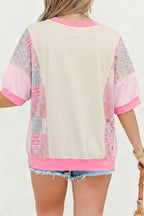 Beige Plus Size Floral Patchwork Short Sleeve Patch Embroidery Cotton T Shirt