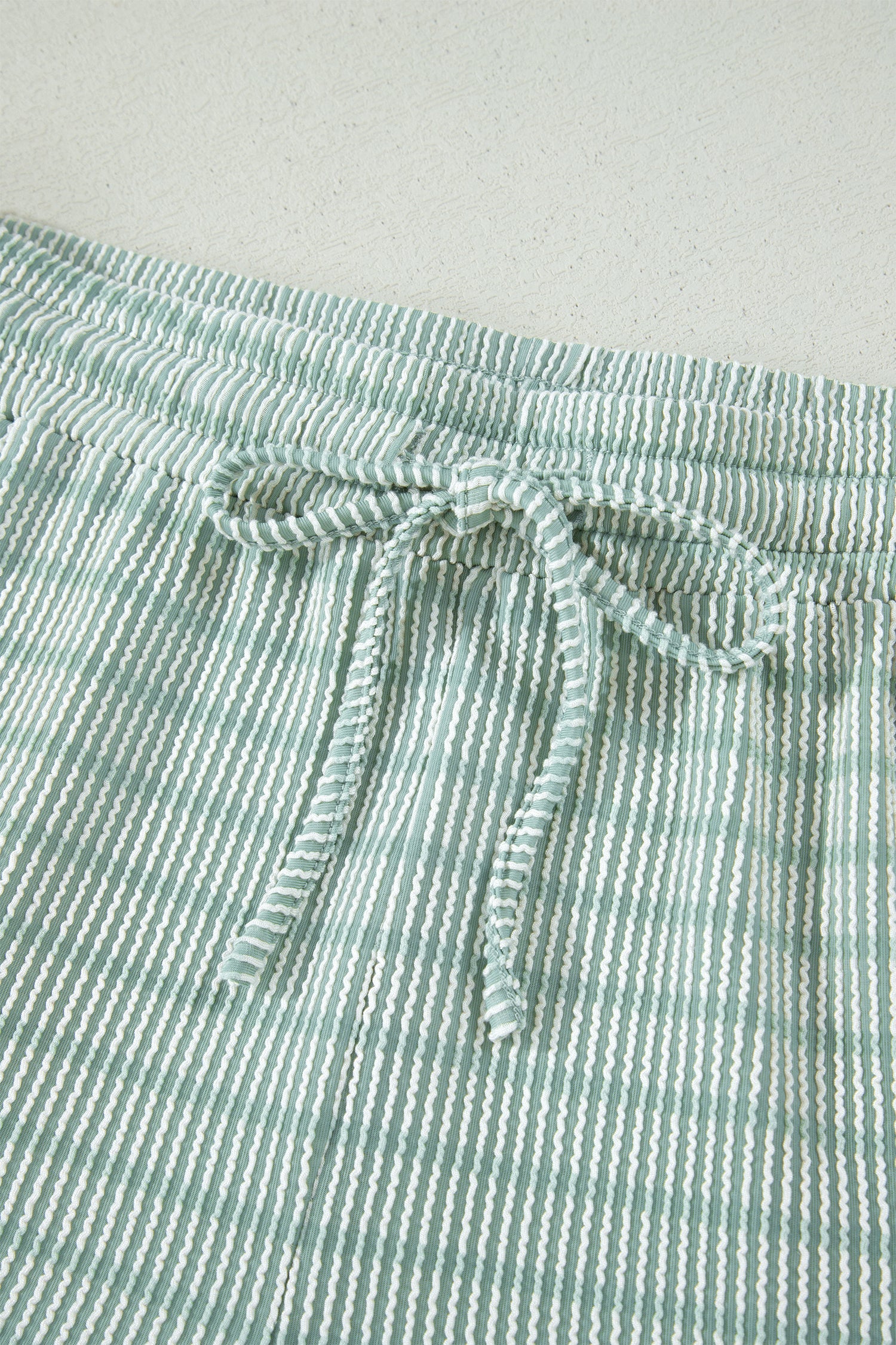 Striped Raised Rib Loose Tee Drawstring Elastic Waist 2pcs Short Set