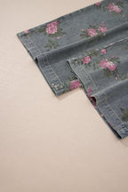 Floral Print Pleated High Waist Wide Leg Denim Jumpsuit